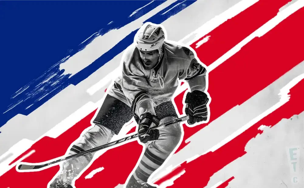 Hockey player in action with a red, white, and blue striped background.