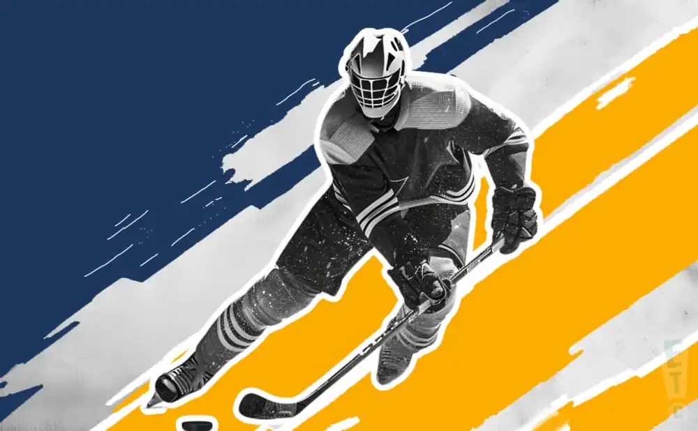 Hockey player in a black and white uniform skates with a stick, against a blue and yellow abstract background.
