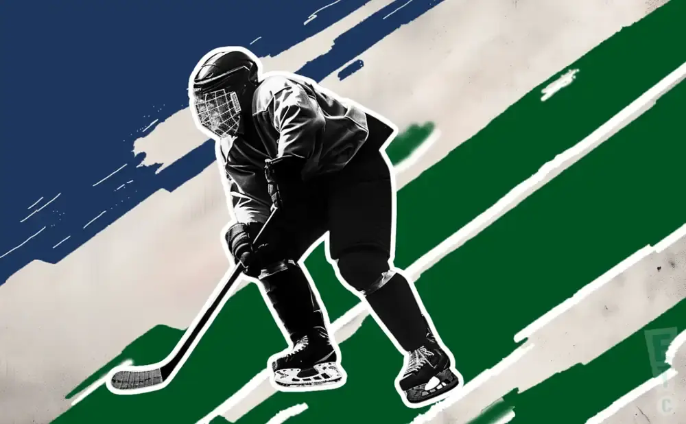 Hockey player in silhouette with a mask and stick, against a backdrop of green and blue stripes.