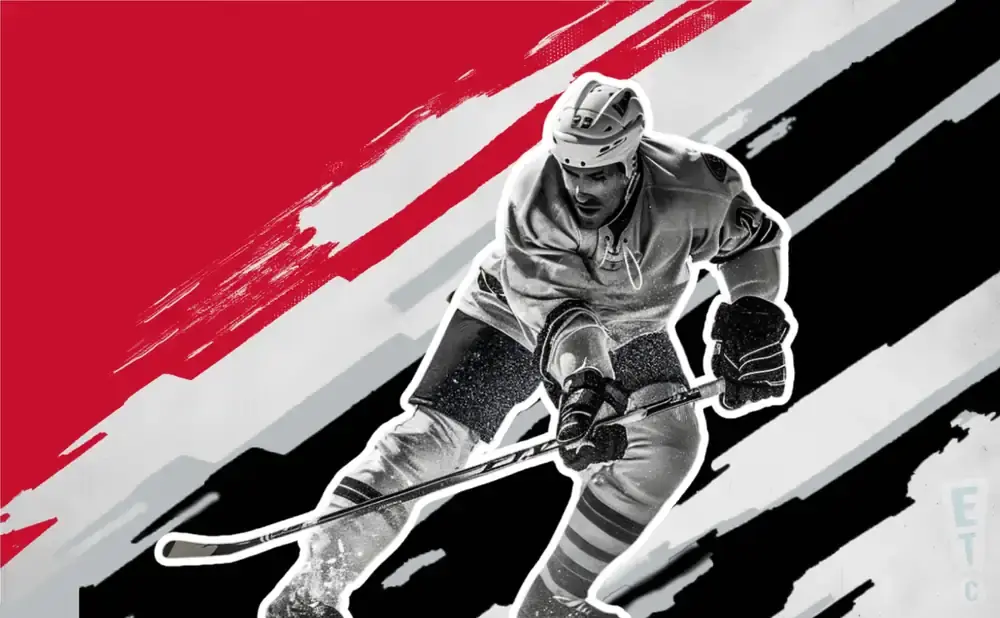 A black and white hockey player in action against a red and black background.