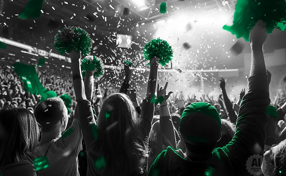 Crowd at a concert with green pom-poms and confetti, hands raised in celebration.