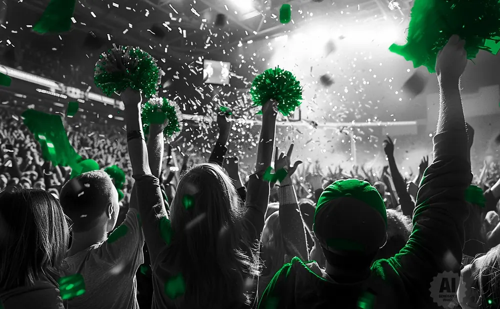 Crowd at a concert with green confetti and pom-poms.