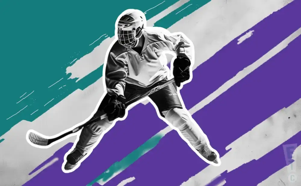 A hockey player in mid-action on a purple and teal background.