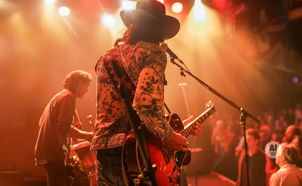Musician in a hat and patterned shirt plays guitar on stage with warm lighting.
