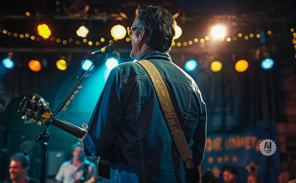 Man in denim jacket plays guitar on stage with colorful lights and blurred audience.