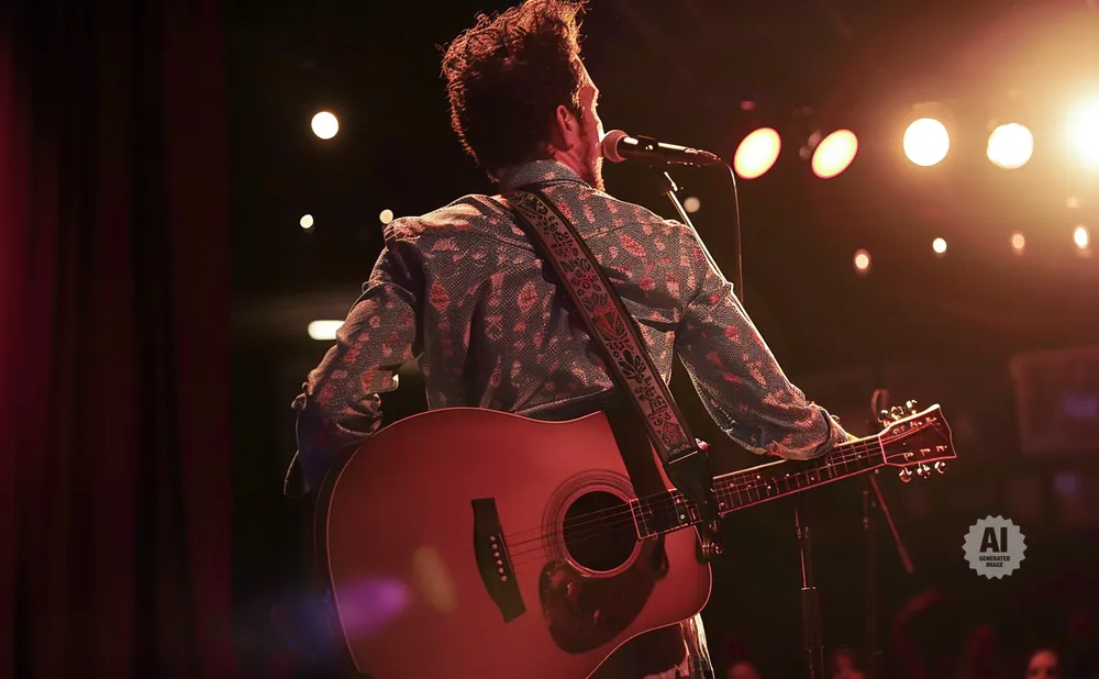 A musician plays an acoustic guitar on stage, illuminated by warm stage lights.