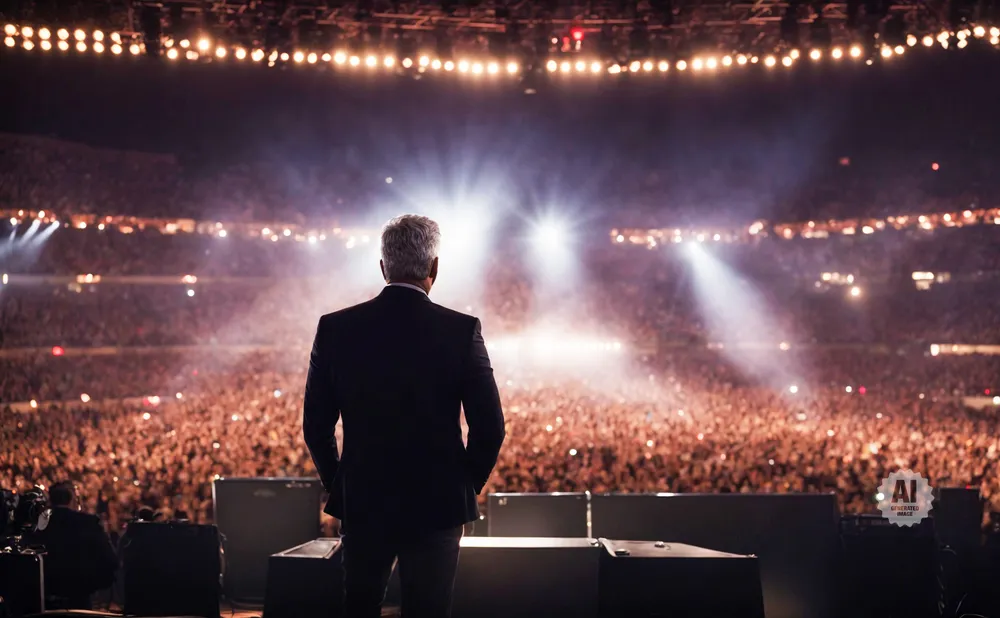 A man in a suit stands on stage facing a large, cheering crowd under bright stadium lights.