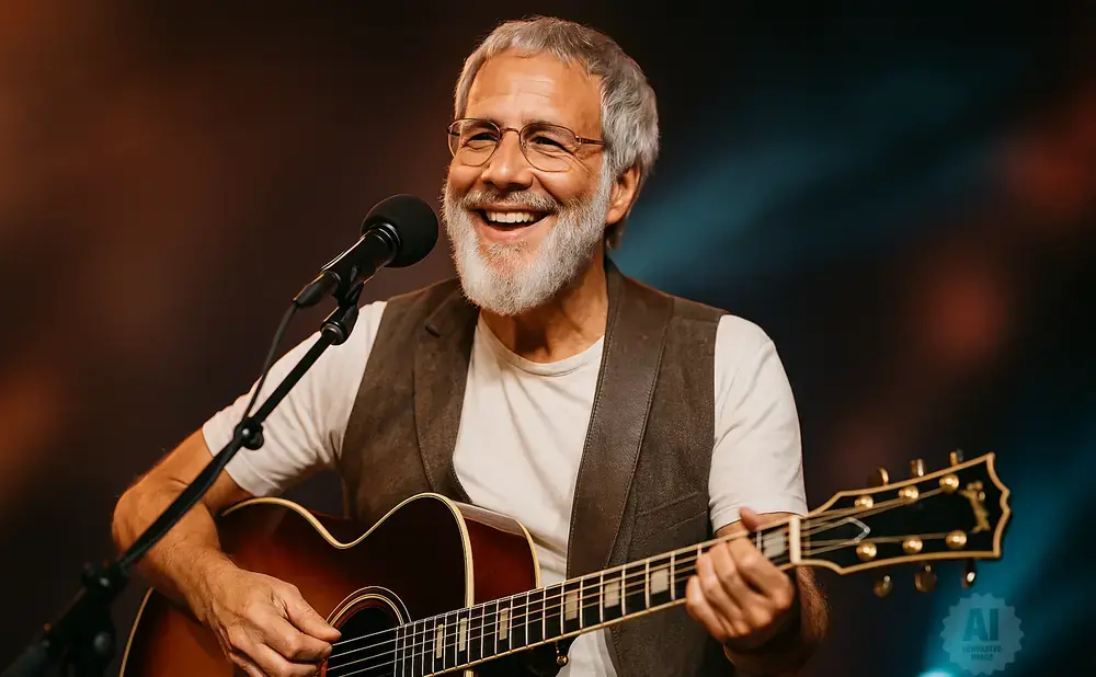 A smiling man with a beard and glasses plays an acoustic guitar and sings into a microphone.