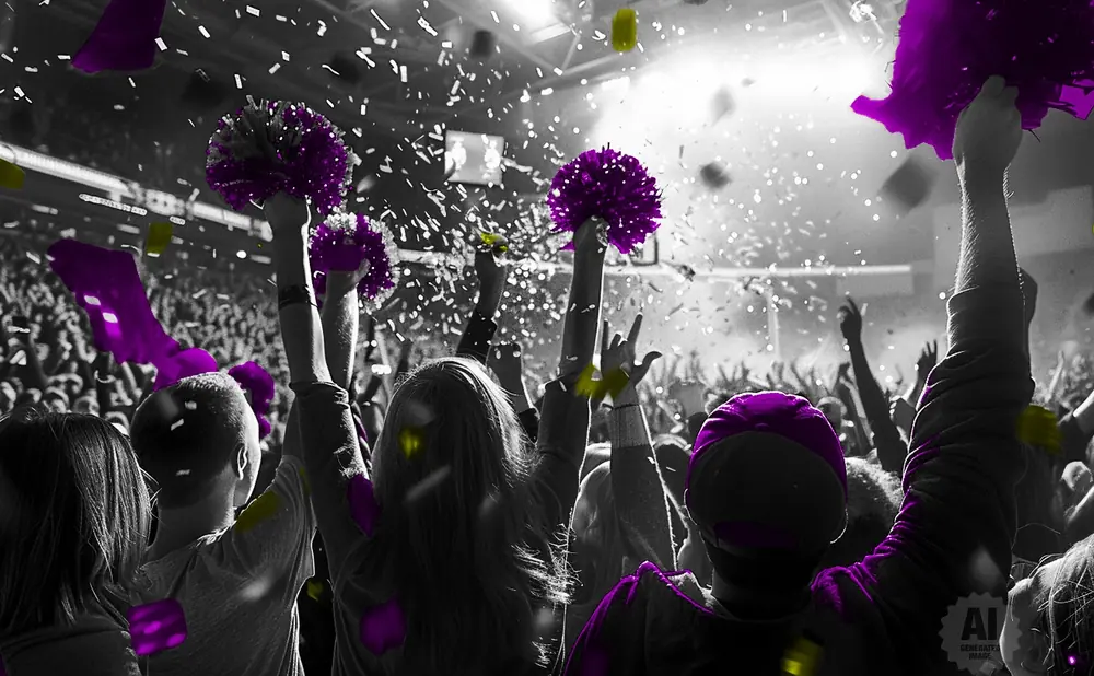 A crowd at a concert cheers with purple pom-poms and yellow and purple confetti.