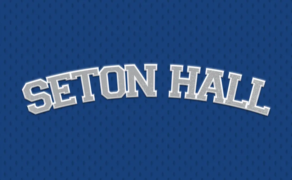 Seton Hall text logo on a blue textured background.
