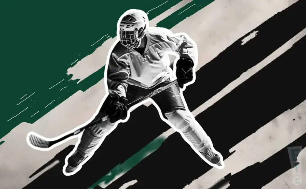 Black and white image of a hockey player in full gear with a green background.