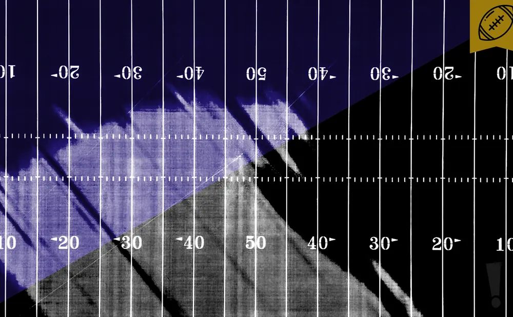 Football field with yard lines and numbers, split into purple and black halves, with a golden football logo.