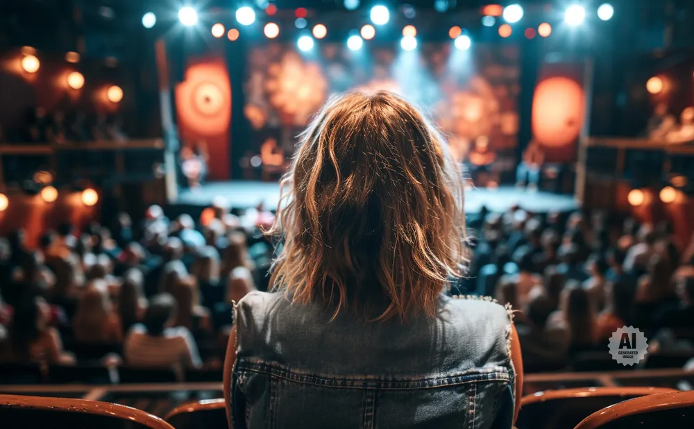 Back view of a woman with wavy hair in a denim vest at a concert, facing a brightly lit stage and audience.