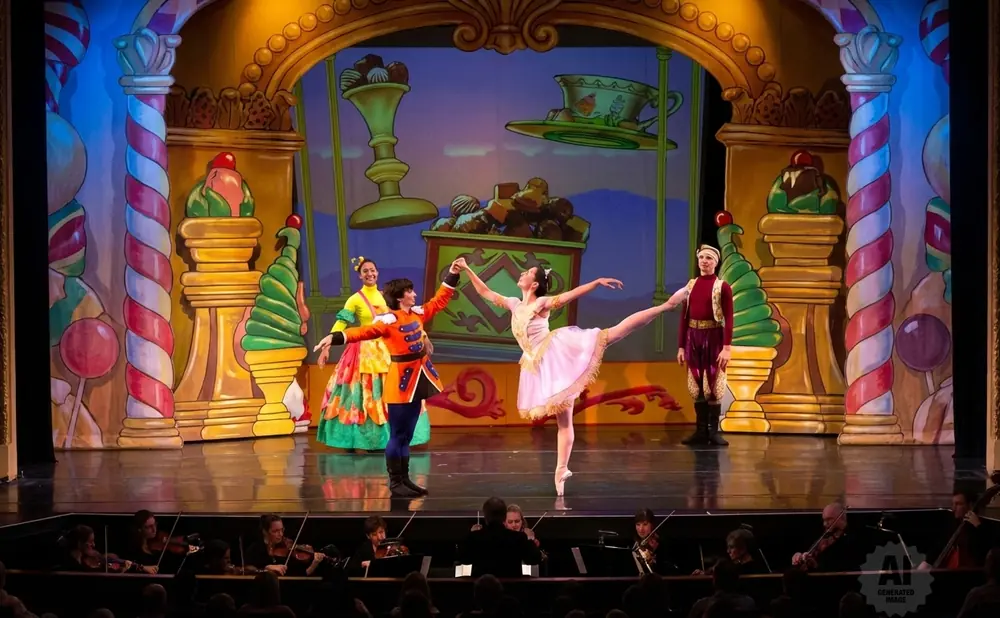 Ballet dancers on a candy-themed stage with an orchestra in the foreground.