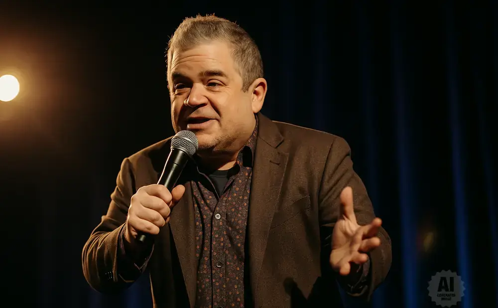 Comedian Patton Oswalt holds a microphone and gestures with his hand while speaking on stage.
