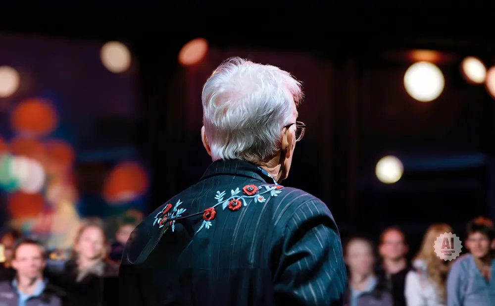 Man with white hair and glasses facing away from camera, wearing a dark jacket with red floral embroidery.