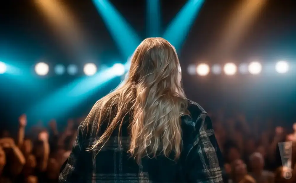 A person with long blonde hair stands with their back to the camera on a stage, facing a cheering crowd.