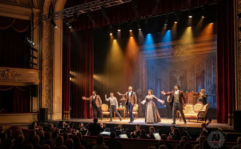 A cast performs on stage in a theater with an orchestra in the foreground and audience members in the lower seating.