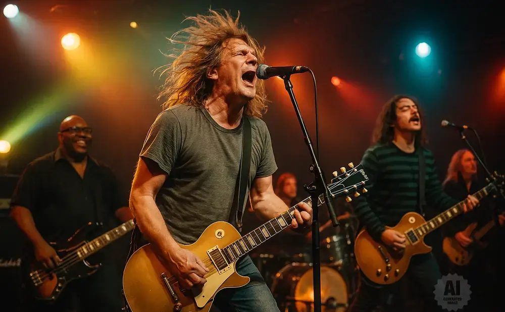 A male rock singer with long, wild hair and a gray t-shirt sings into a microphone while playing a guitar on stage with his band.