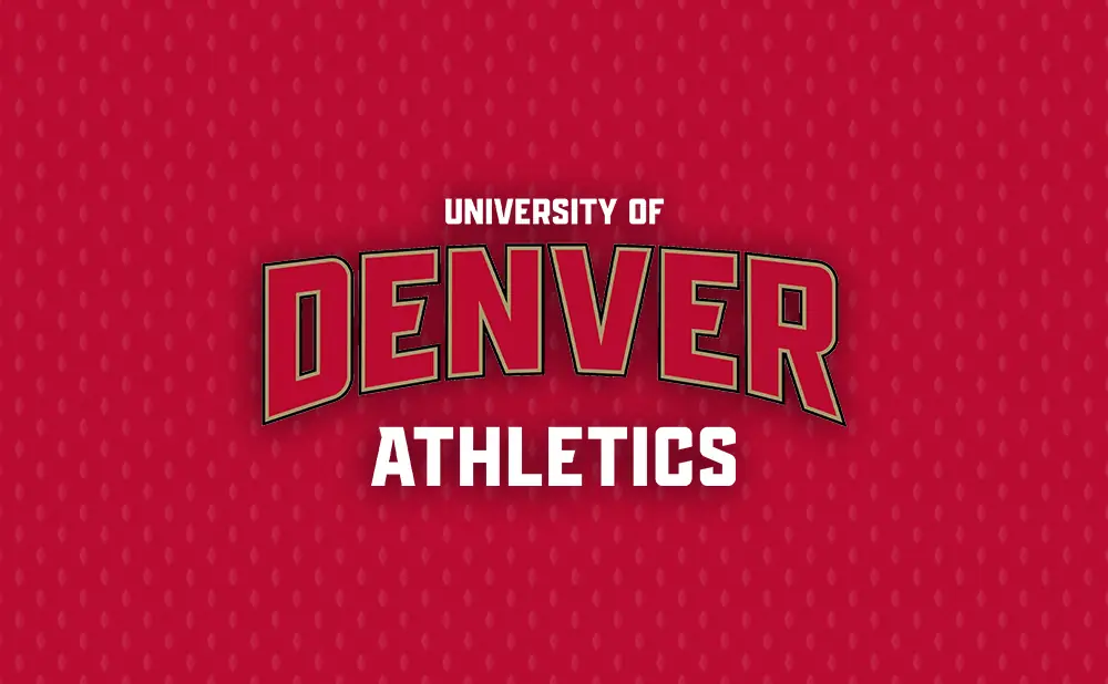 University of Denver Athletics logo on a red patterned background.
