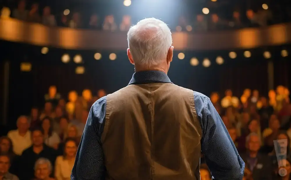Man with white hair facing away from camera, wearing a vest and patterned shirt, speaking to an audience.