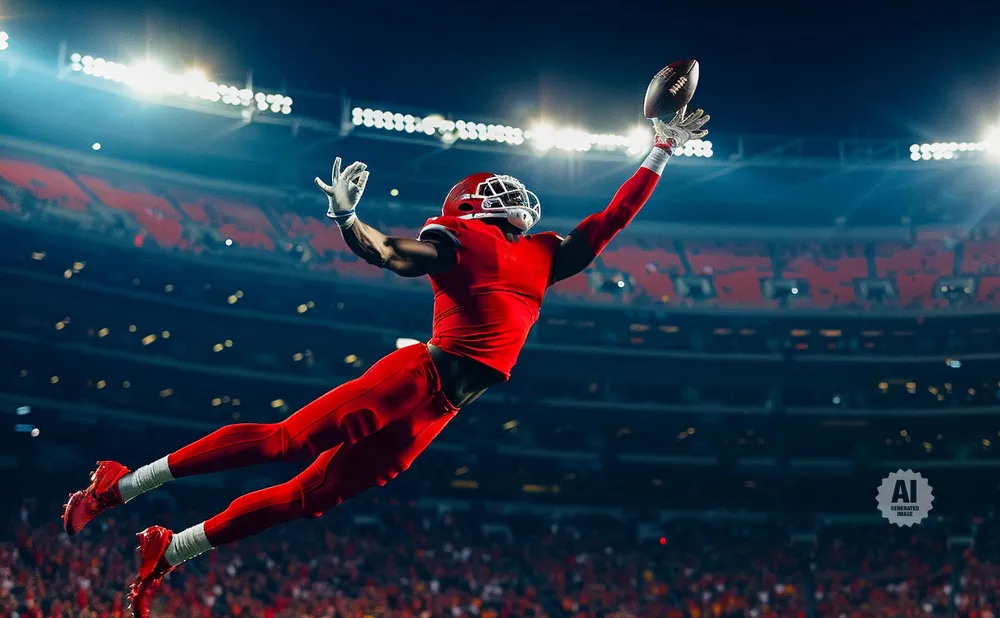 A football player in a red uniform leaps to catch a pass in a stadium under bright lights.