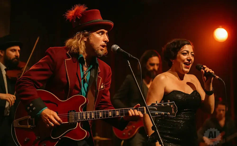 A band performs on stage with a male guitarist in a red jacket and hat singing and a female singer in a sparkly black dress at a microphone.