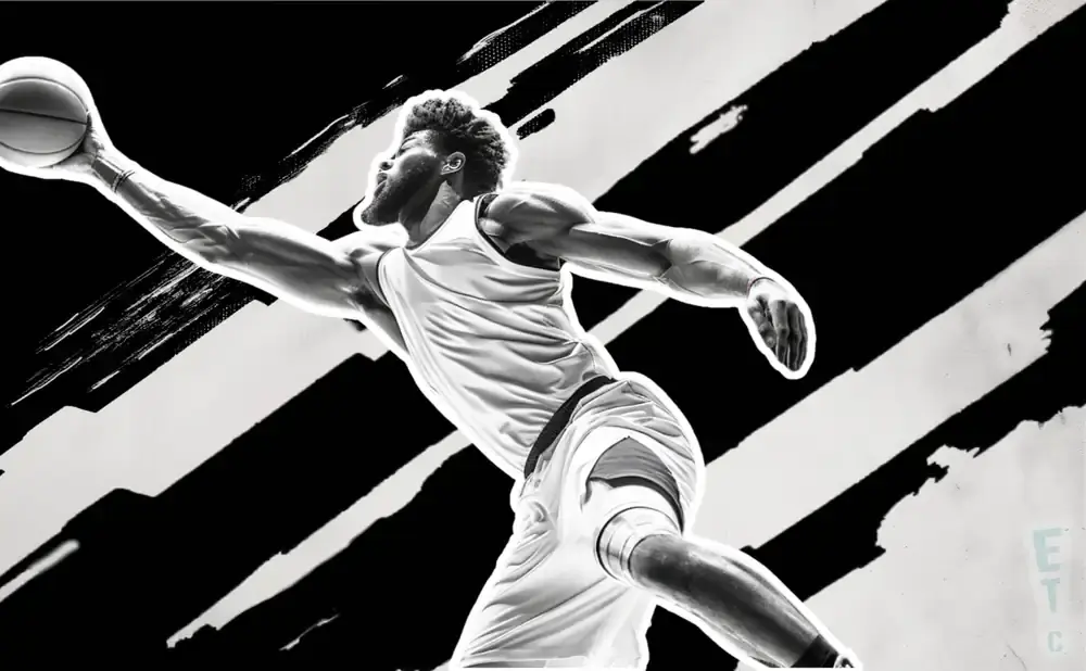 A black and white illustration of a basketball player mid-air, holding a ball and ready to dunk against a dynamic striped background.