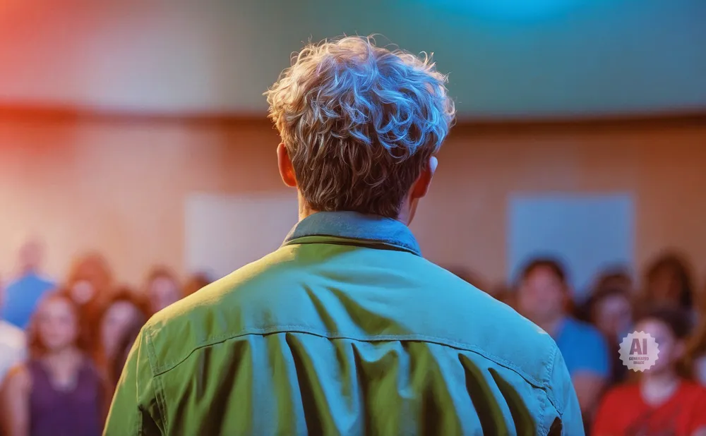 Man with curly hair addresses an audience from behind, bathed in dramatic red and blue stage lighting.