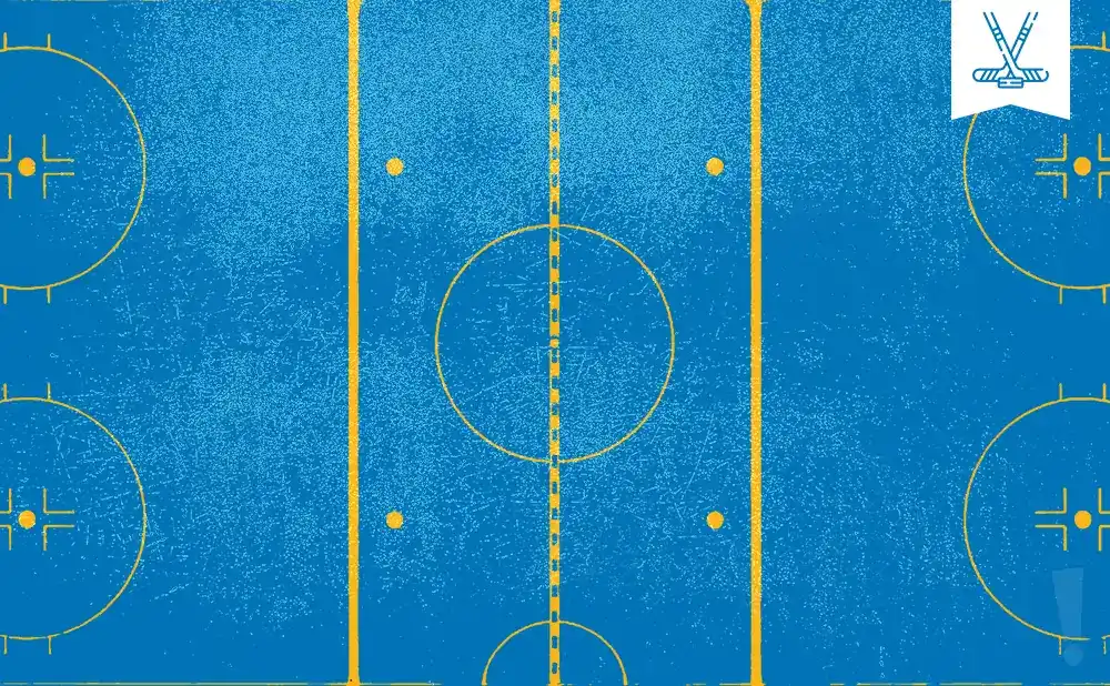 An overhead view of a blue hockey rink with yellow lines and circles, and a small white banner with crossed hockey sticks in the top right.