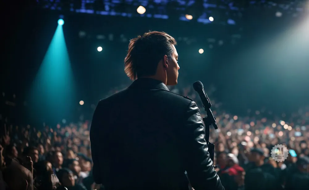 A performer in a black jacket addresses a cheering crowd under bright stage lights.