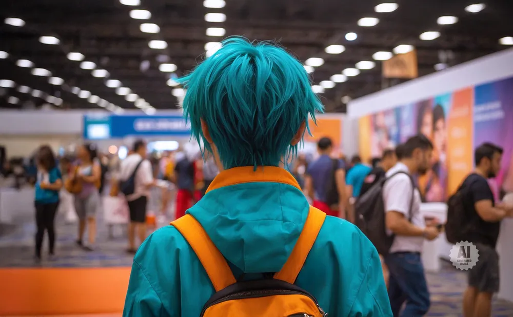 Person with bright teal hair and a teal and orange jacket at a convention.