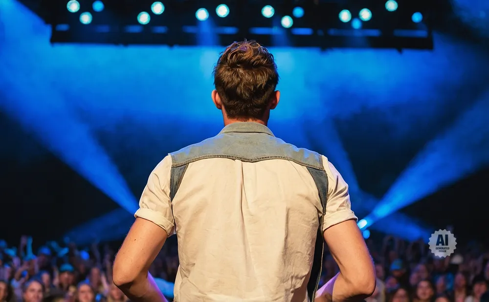 Man in a light-colored shirt with denim accents stands on a stage facing a cheering crowd under bright blue lights.