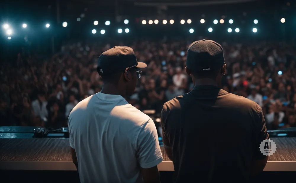 Two men in baseball caps stand with their backs to the camera, facing a large, cheering audience under stage lights.