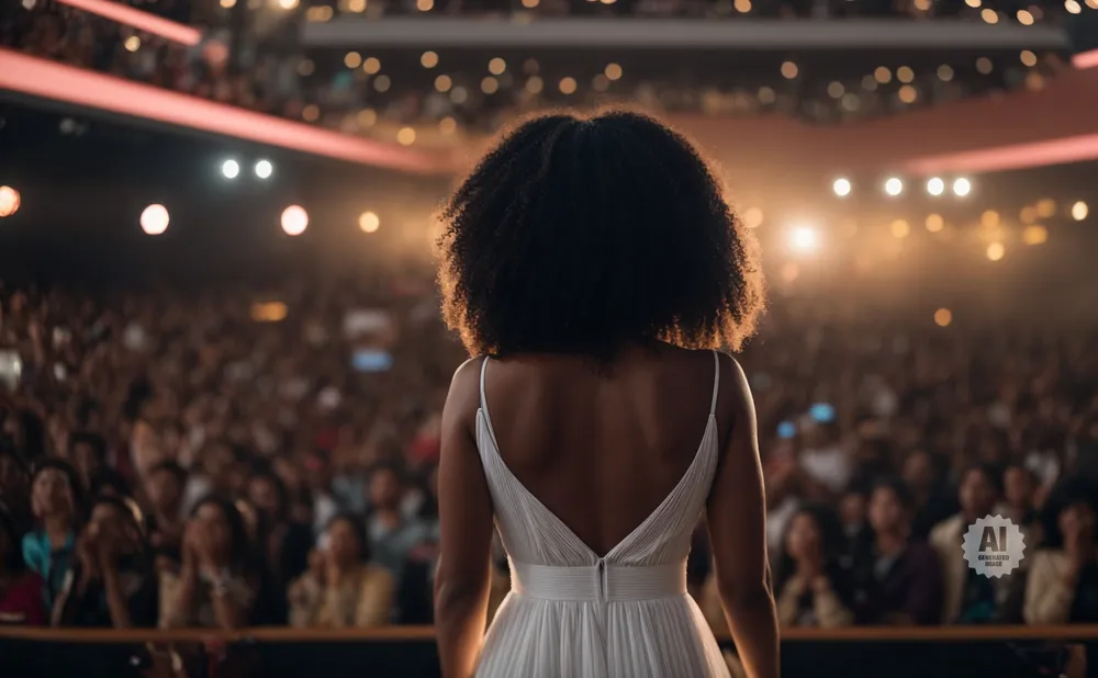 Woman in white dress on stage facing a large, blurred audience.