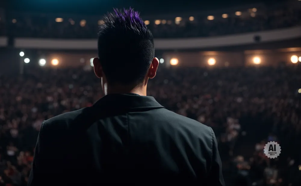Back of a person with purple-tipped hair in a suit, facing a large, dimly lit audience.