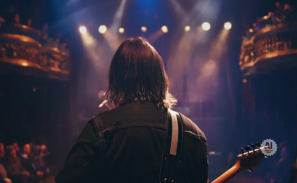 Guitarist on stage facing away from camera, with audience and spotlights in the background.