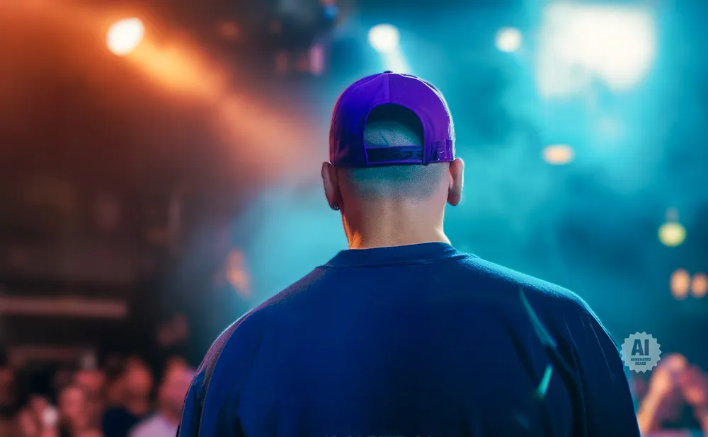 Back view of a person wearing a purple baseball cap and blue shirt on a stage with bright lights.
