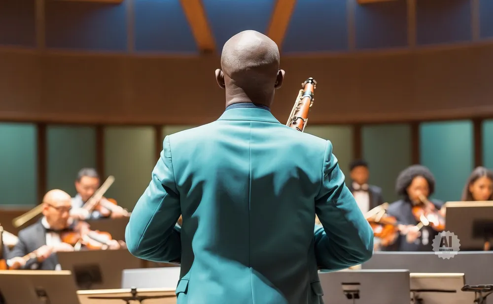 A conductor in a teal jacket with a bassoon stands before an orchestra.