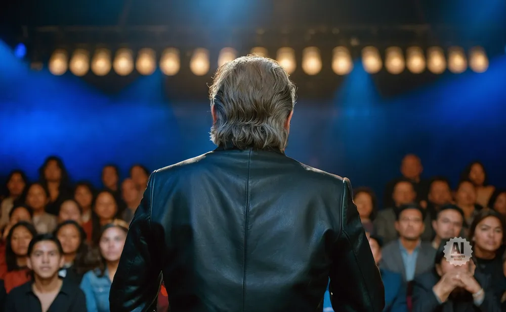 Man in leather jacket facing a blue-lit audience, with lights above.