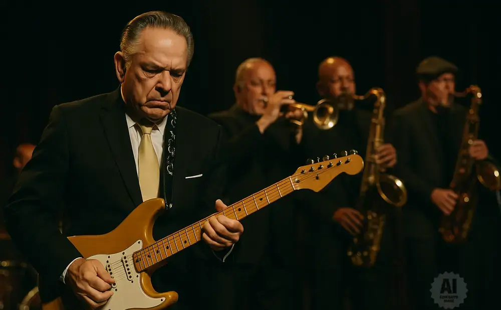 A jazz band performs, with a guitarist in the foreground and horn players in the background.