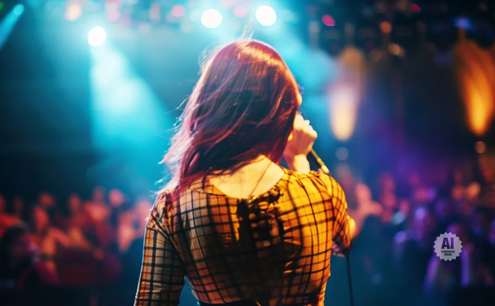 Singer with red hair on stage, facing away from the camera, singing into a microphone.