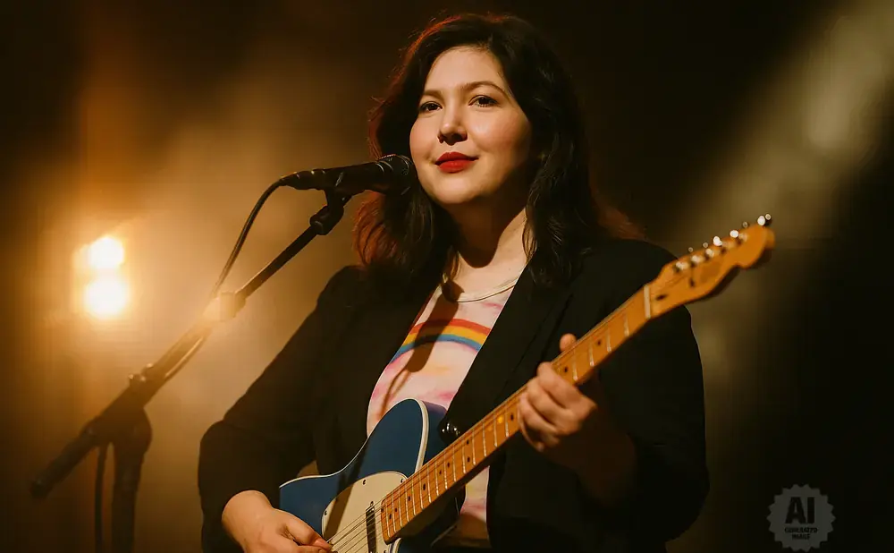 A woman with dark hair plays a blue electric guitar on stage, lit by warm spotlights and smoke.