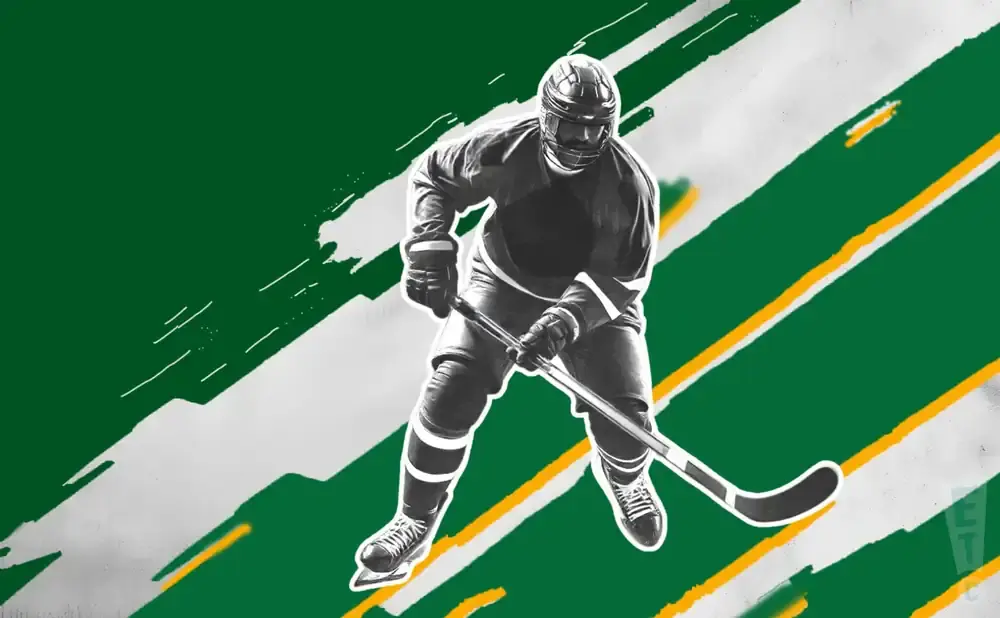 A black and white illustration of a hockey player in full gear, skating with a stick, against a green background.