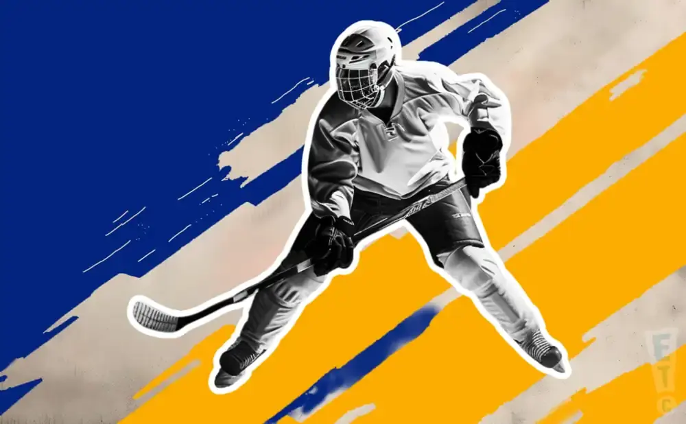 Hockey player in a helmet and uniform skates with a stick against a background of blue and yellow diagonal stripes.