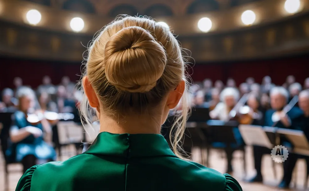 Back view of a woman with blonde hair in a bun, wearing a green dress, facing an orchestra.