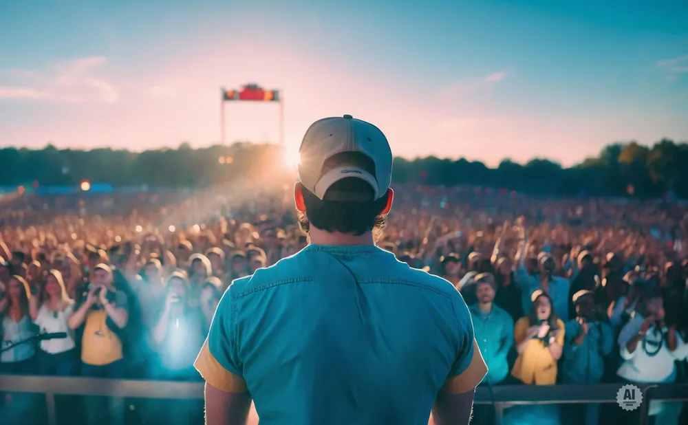 A person in a baseball cap and teal shirt stands on a stage, facing a large, cheering crowd at a concert during sunset.