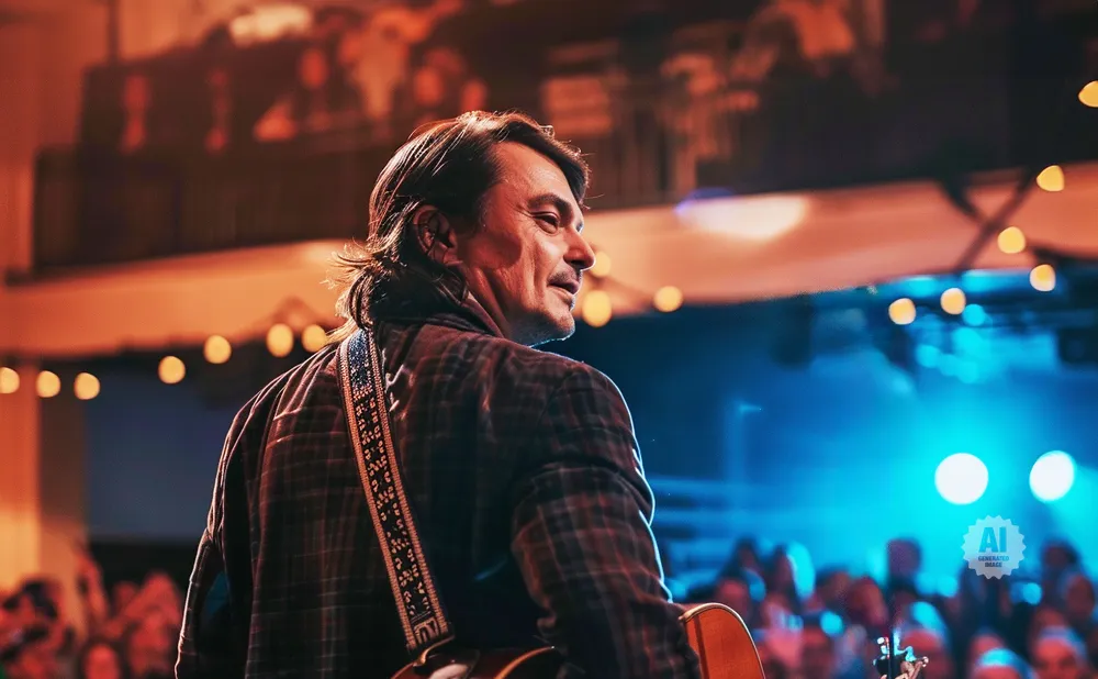 A man in a plaid shirt plays guitar on stage, illuminated by blue lights, with a blurred audience in the background.