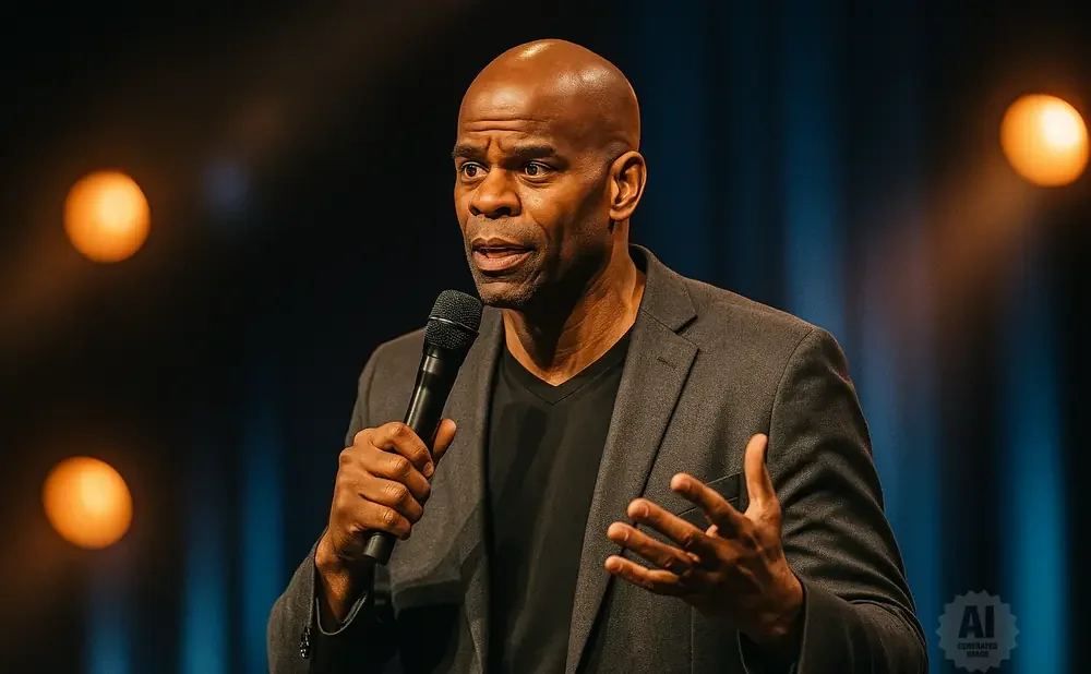 A Black man in a suit speaks into a microphone on a stage with soft lighting.