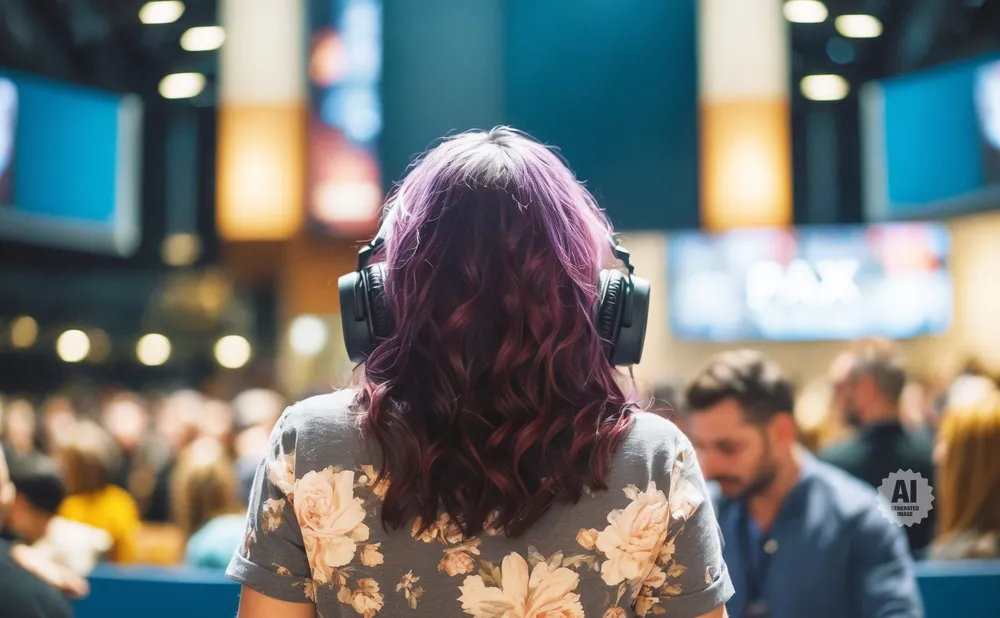 Back of person with purple hair and headphones at an event with a blurred crowd and screens.